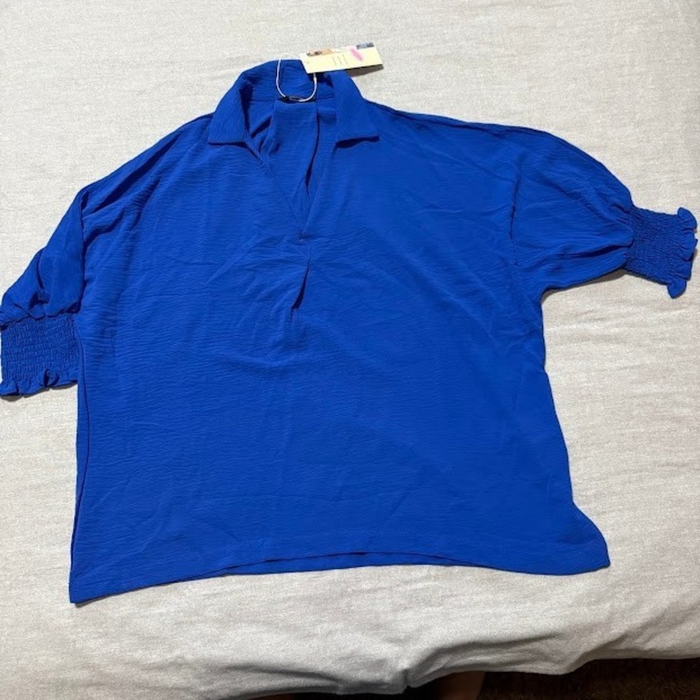 Womens Smocked Cuff Blouse Collared Blue Top Elegant Casual Party